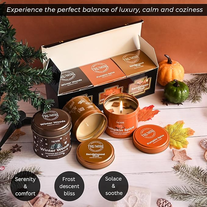 Winter Woods, Pumpkin Spice, Sandalwood Oud - Soy Candles Non Toxic - Highly Scented Long Lasting with Essential Oils - Variety Pack of 3 x 5oz - for Home Aromatherapy Meditation Gift Travel