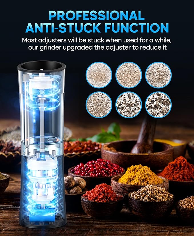 Gravity Electric Salt and Pepper Grinder Set, USB-C Rechargeable Salt and Pepper Mill with 100ml Larger Capacity, White Light, One Hand Automatic Operation, Black, 2Pack