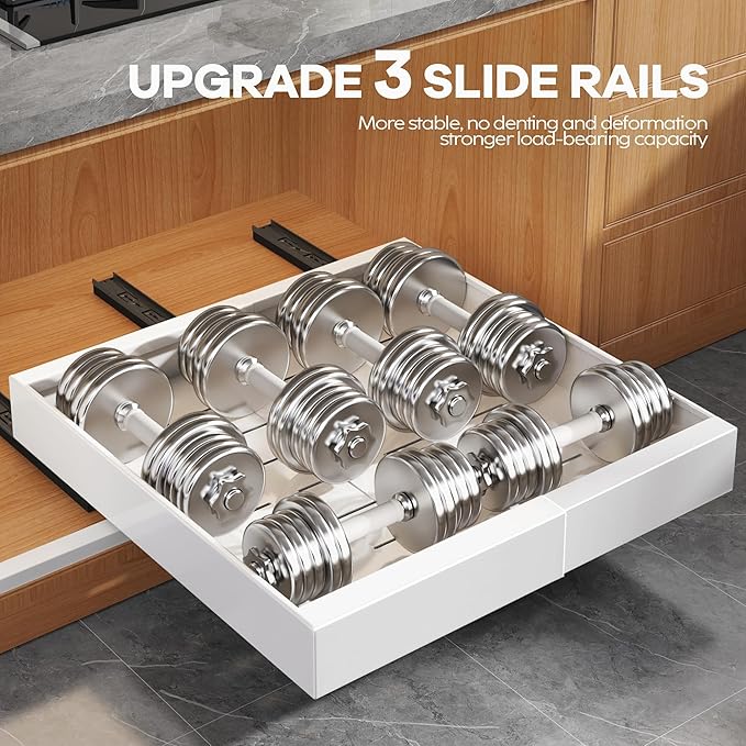 6Pack Expandable Pull Out Cabinet Organizer 21"Deep With Raising Pad for Framed Cabinets,Slide Out Drawers with 4pcs Divider Racks,Roll Out Shelves Adhesive,Adjustable Width 12.05"-20.4"White