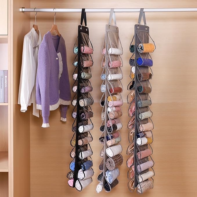 Legging Organizer for Closet Hanging 20 Pockets, Clear Hanging Legging Organizer Closet, Oxford Cloth Legging Storage for Wardrobe Behind Door(2Pack*Light Gray)