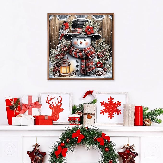 MEIYUDA Christmas Snowman Diamond Painting Kits for Adults, 5D Vintage Snowman Diamond Art Kits for Beginners, DIY Gem Art Crystal Painting for Home Wall Decor and Present 12x12inch