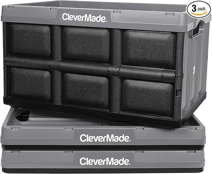 CleverMade Collapsible Storage Bins 62L (3-Pack) – Heavy Duty Collapsible Plastic Storage Bins, Large Stackable Folding Storage Bins for Garage, Car, Grocery & Home Organization - Stone