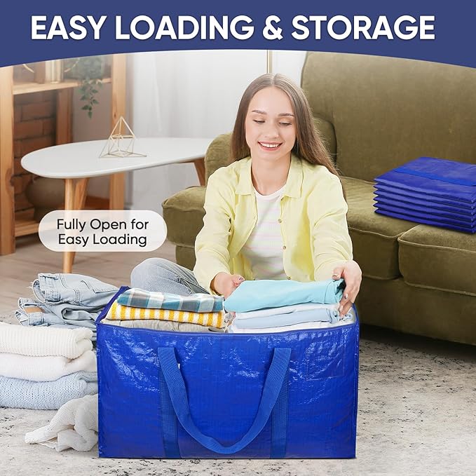TICONN 4 Pack Extra Large Moving Bags with Zippers & Carrying Handles, Heavy-Duty Storage Tote Moving Boxes for Space Saving (4 PK, 18 Gallon)
