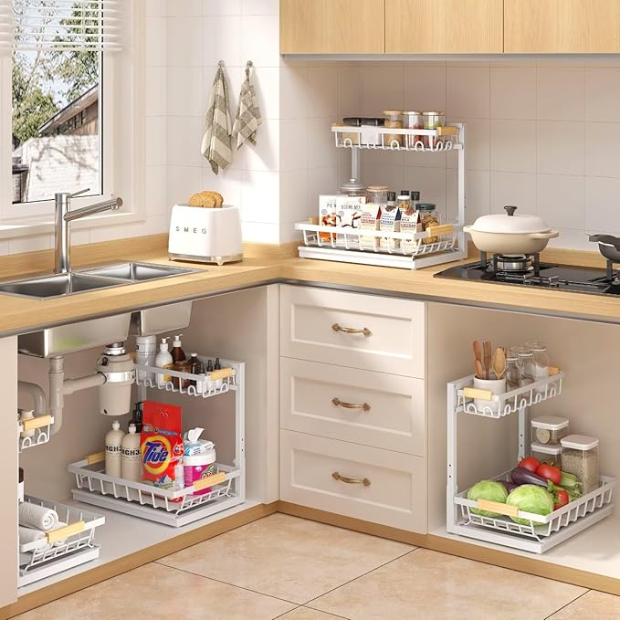 2 Packs Under Sink Organizer, Height Adjustable 2 Tier Under Kitchen Sink Organizer, Multi-Purpose Storage Shelf for Kitchen Bathroom Cabinet (White, Extra Large)