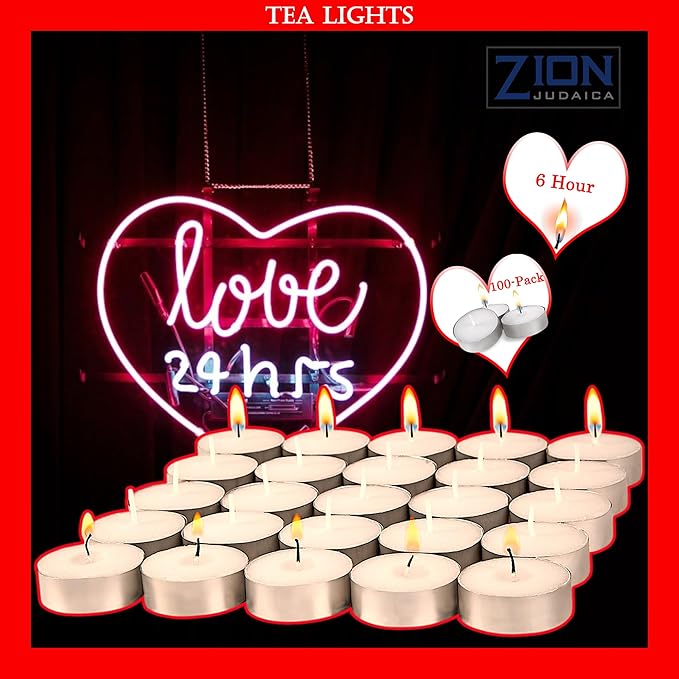 Zion Judaica Tealight Candles Unscented 100 Pack – 6 Hour Long Lasting, Smokeless, Dripless, Clean Burn – Tea Lights for Home, Religious, Ambiance, Shabbat, Camping, Food Warming