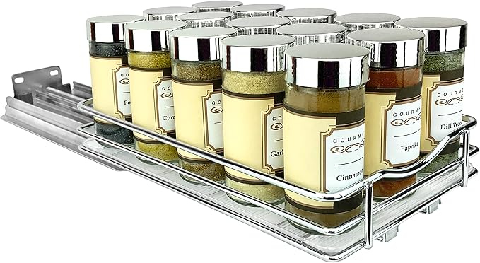 LYNK PROFESSIONAL® Pull Out Spice Rack Organizer for Inside Kitchen Cabinets - 6-3/8 inch Wide - Slide Out Drawer – Chrome Sliding Spice Organization for cabinet - Spice Racks - 1 Tier
