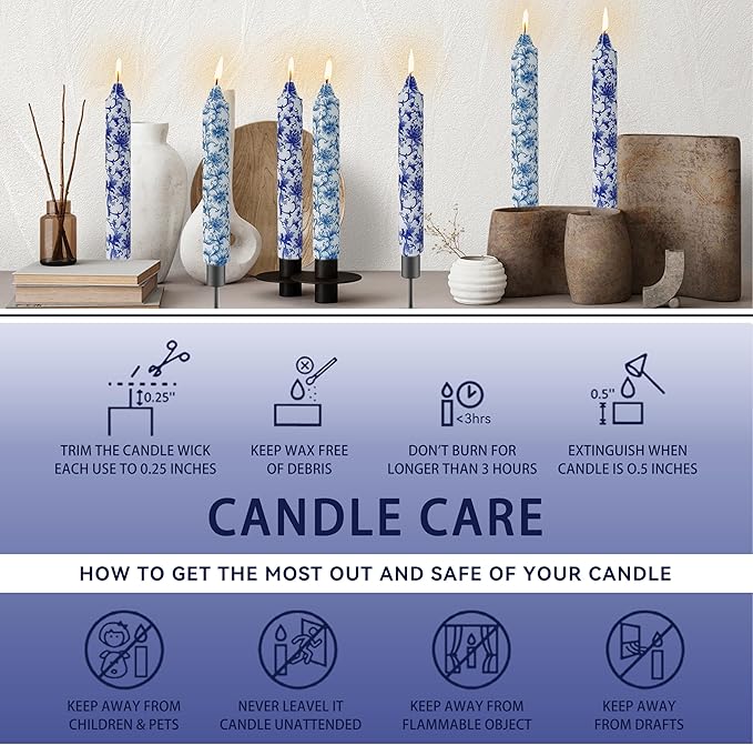 Flowers Printed Candle Taper Candles 9 inch - 4 Pack Blue and White Porcelain Candle Dripless, Smokeless, Unscented Tall Candlesticks - Perfect for Home Decor, Weddings, and Special Occasions