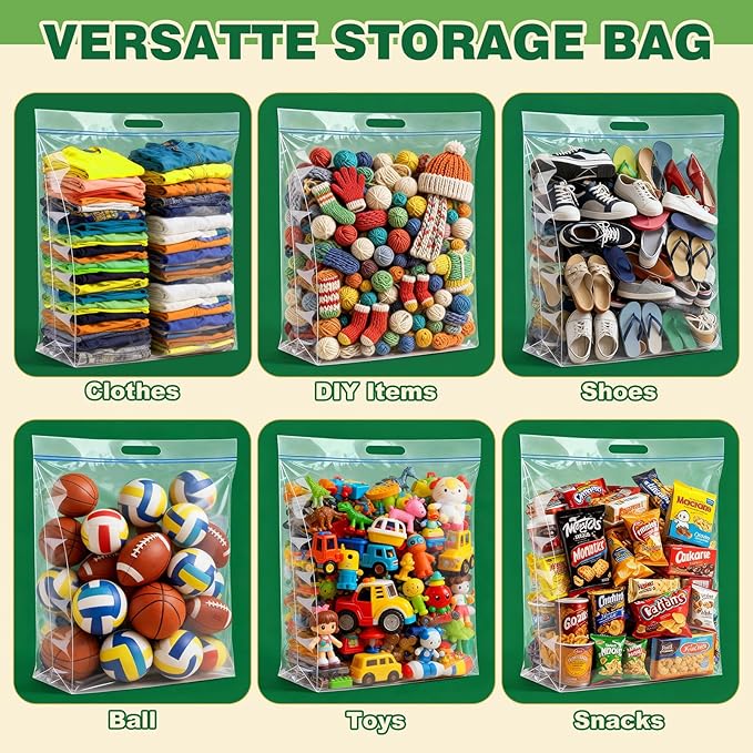5 PACK 25 Gallon Extra Large Storage Bags, 35.5"x 24"x 7" Resealable Clear Zipper Bags with Handle, Heavy Duty Big Bag for Clothes Pillow Travel Moving, Expandable Bottom, 8 Mil Thick