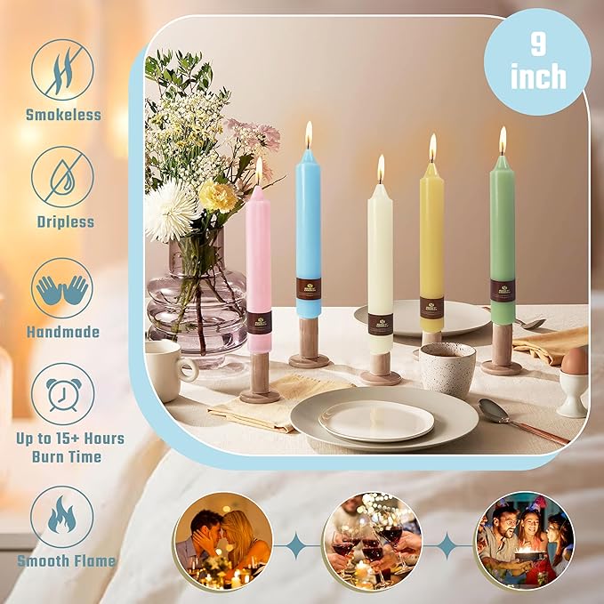 Green Taper Candles 9 inch - 4 Pack Fat Candle Taper Candles Dripless, Smokeless, Unscented Tall Candlesticks - Perfect for Home Decor, Weddings, and Special Occasions