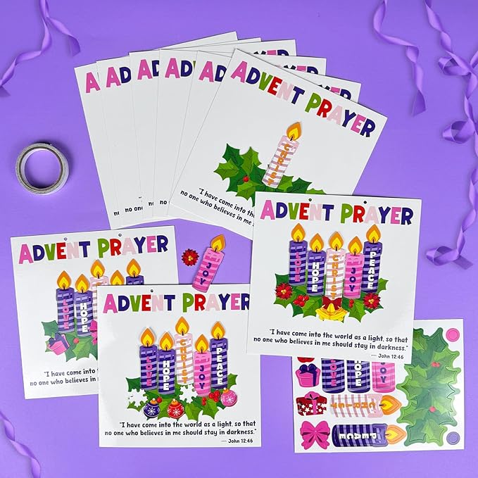Cinrobiye 24 Set Christmas Advent Craft Kit DIY Advent Candle Wreath Hanging Art&Craft Christ Joy Peace Love Hope Candle Stickers Decorations Signs for Xmas Religious Nativity Sunday School Activities