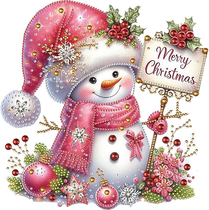 Pink Snowman 5D Special Shape Diamond Art Kits for Beginners, Christmas Winter Theme Diamonds Painting Kits for Adults,DIY Crystal Rhinestones Diamond Paintings for Home Wall Decor 12×12Inch