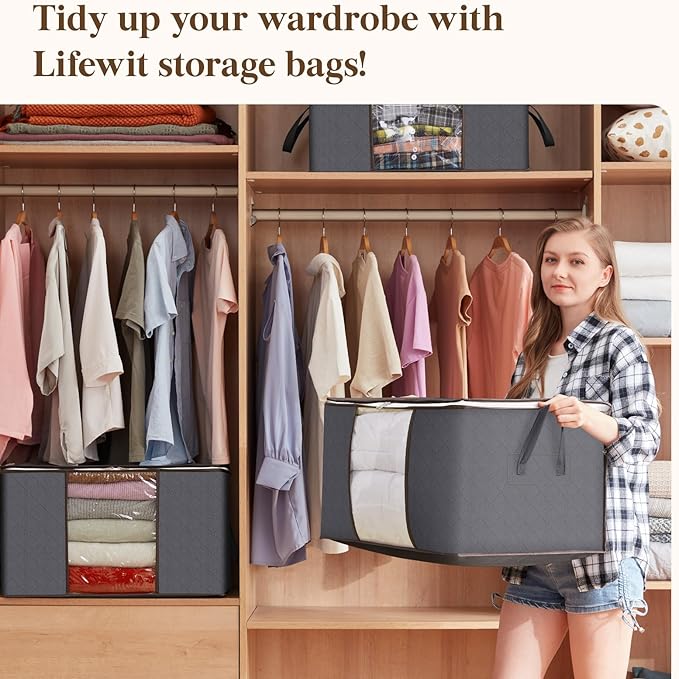 Lifewit 30 Pack 90L Clothes Storage Bins with Lids, Foldable Blanket Storage Bags with Zippers, Clear Window and Reinforced Handles, Closet and Organization for Clothing, Sweater, Comforter, Bedding