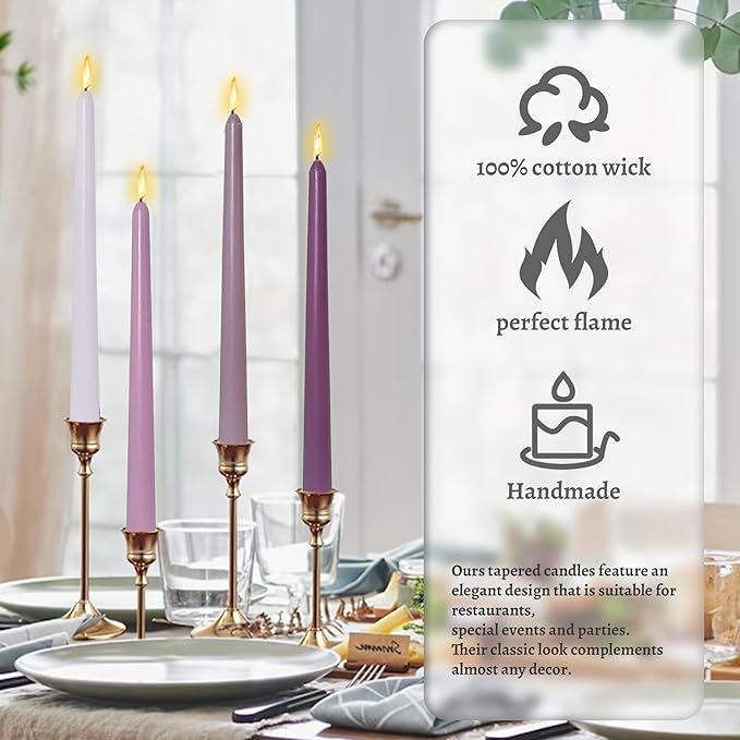 Dripless Handmade Gradient Purple Taper Candles Lavender Scented Long Lasting Burn Smokeless Aromatherapy Candles 10 Inch Elegant Tall Candlesticks for Home Decoration
