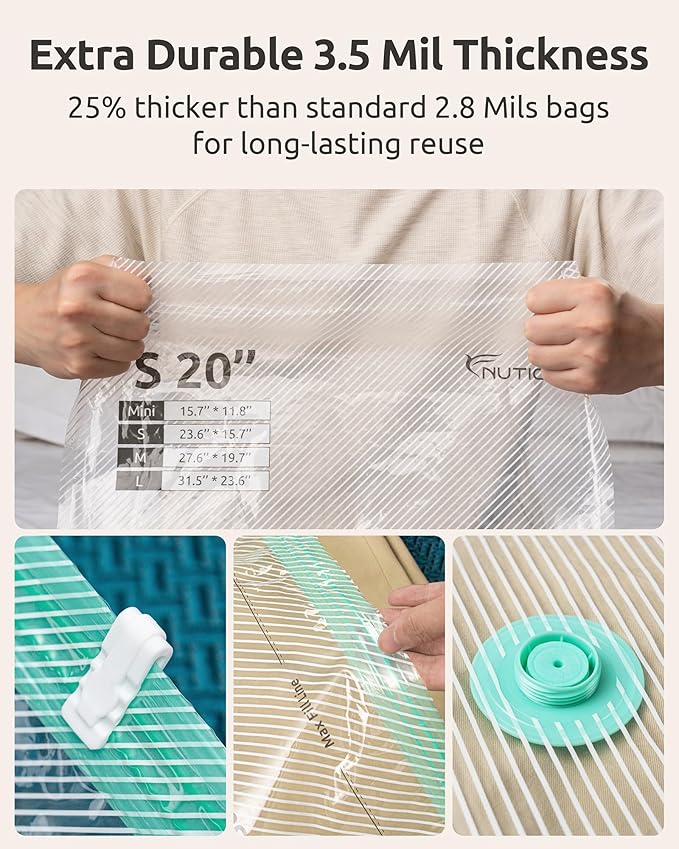 NUTICT 12 Pack Vacuum Storage Bags for Travel with Rechargeable Electric Pump, Long-Term Reusable Vacuum Seal Bags for Clothes and Blankets Compression, Carry-on Space Saver for Luggage and Suitcase