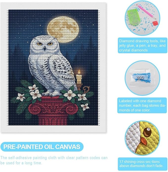 KIVJMSIDJA Snowy Owl & Candle Glow - Winter Night Scene Diamond Painting Kits for Adults,Diamond Art Kits for Beginners 5D Round Diamond 16"x20"