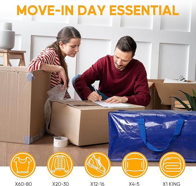 HealSmart 8 Pack Extra Large Moving Bags with Zippers & Carrying Handles, Heavy-Duty Storage Tote Moving Boxes for Dorm Room Essentials Storage Bags, Blue