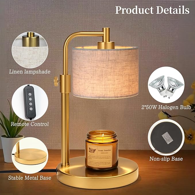 NITOWOLF Candle Warmer Lamp, Candle Lamp Warmer with Timer Adjustable Height Wax Warmer Lamp for Jar Candles, Birthday Gifts for Women House Warming Gifts (Gold Linen)