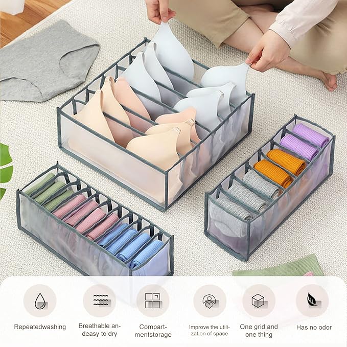 6 Pcs Underwear Drawer Organizer, Foldable Underwear Storage Divider Boxes 6/7/11 Cell Closet Clothing Organizers for Bras Panties Ties Socks Scarves Clothes