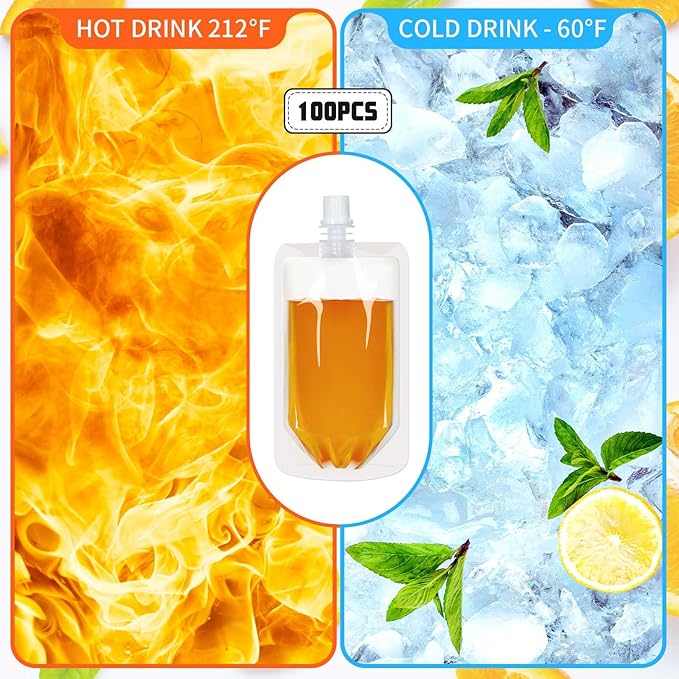 100 Pcs Plastic Pouches Bulk Clear Juice Bags Squeeze Pouches Plastic Leak Proof Bags with Funnel for Party Favors (16 oz)