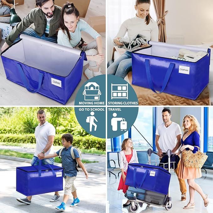 HomeHacks Moving Bags Heavy Duty with Strong Zippers and Handles Collapsible Moving Supplies, Storage Totes for Packing & Moving Storing 125L,4-Pack, Blue