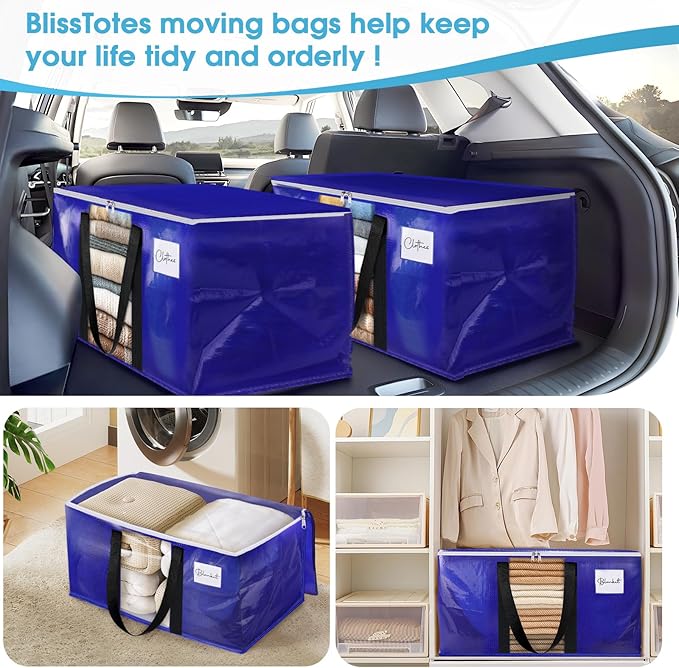 BlissTotes 4 Pack Moving Bags with Clear Window, Storage Bags with Strong Carrying Handles & Zippers,Large Packing Bags for Saving Space, Alternative to Moving Boxes(Blue,20 Gallon)