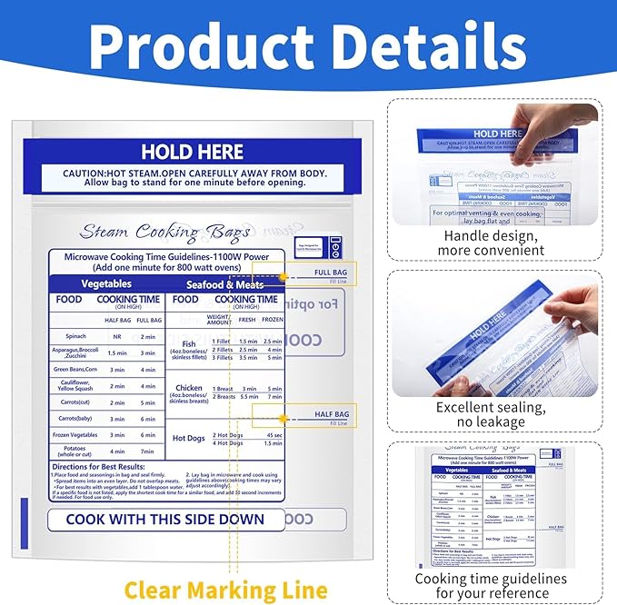 24 Pcs Zipper Steam Bags Reusable Microwave Steamer Cooking Bags Frozen Food Microwave Steam Bag for Vegetables Potatoes Meat (24)