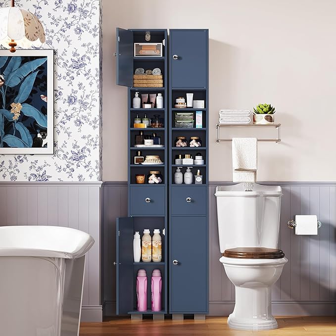 TEENFON Bathroom Cabinet, Narrow Bathroom Storage Cabinet with 5 Adjustable Shelves & Drawer, Freestanding Cupboard for Small Spaces, Blue