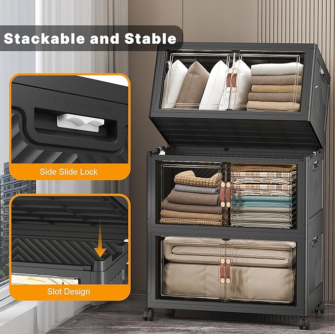 Stackable Storage Bins with Lids, 672QT Closet Organizers and Storage with Doors and Wheels, Extra Large Storage Cabinet, Collapsible Plastic Drawers for Bedroom Kitchen Office Garage