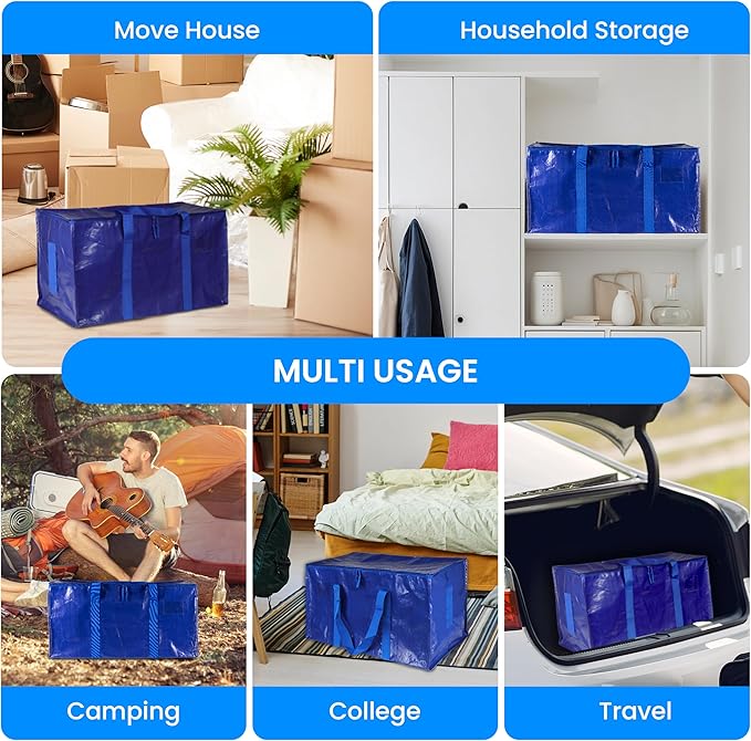 Simple Deluxe 6 Pack Extra Large Moving Bags with Lids, Reinforced Handles and Zippers, Heavy Duty Storage Tote for Moving Travel Camping Space Saving, Blue