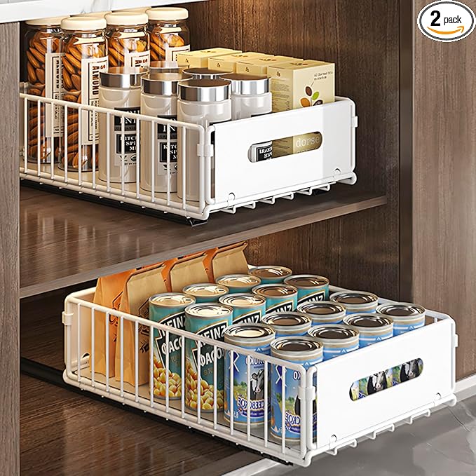 Pull Out Cabinet Organizer, 2 Pack Heavy Duty Slide Out Drawers Pantry Shelves Fixed With Strong Adhesive Glue and Handle for Kitchen, Living Room, Bathroom, Home (14.8" D X 9.6" W X 3.9" H)