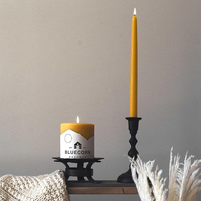 Bluecorn Beeswax Taper Candles, 100% Pure Natural Bees Wax, Pair of 10 Inch Yellow Tapered Candlesticks, Clean Burning & Dripless, Fragrance Free, Long Lasting, Home Decor, American Made, 1 Count