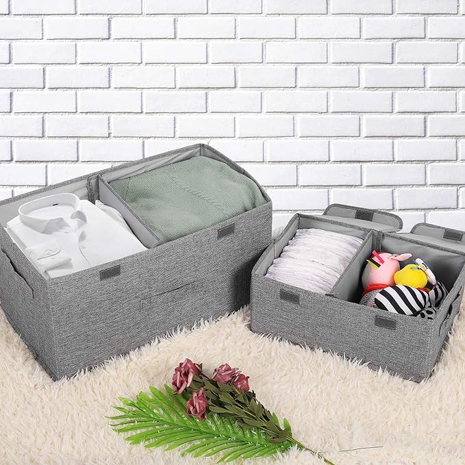2 Pack Large Linen Fabric Collapsible Storage Bins with Lid and Handles, Washable Storage Box Baskets Cube with Removable Divider for Bedroom,Closet,Office,Living Room,Nursery (Black, Small)