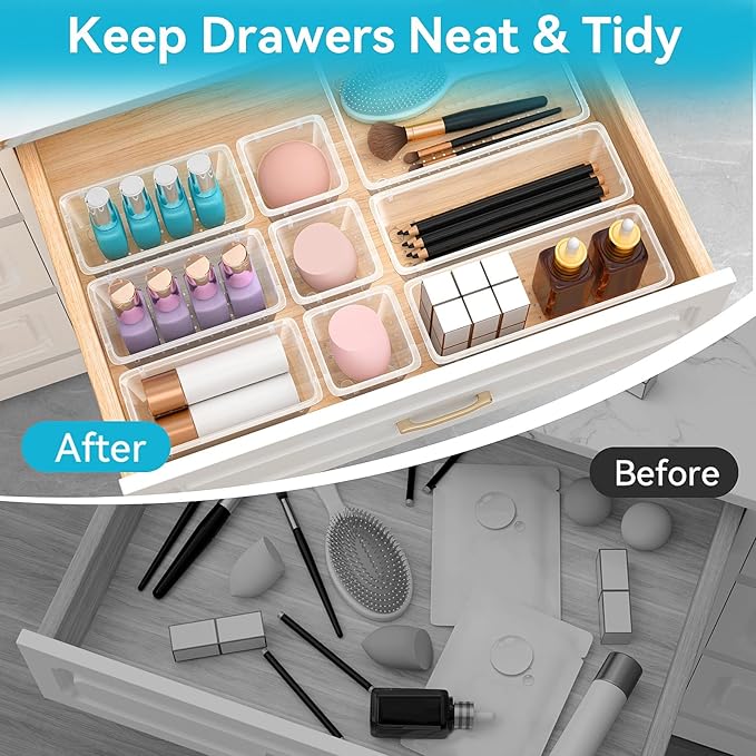 ElegantArray 48 PCS Drawer Organizer Set, 4 Sizes Tool Storage Trays, Clear Plastic Makeup Vanity Organizer and Storage Bins for Makeup, Stationeries, Multiple Gadgets for Bathroom, Office, Bedroom