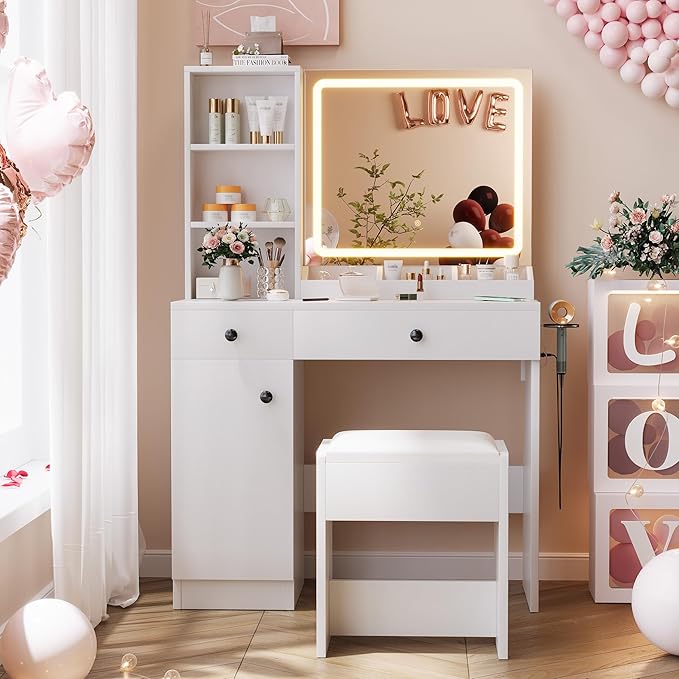 YIKEHOME Women Makeup Vanity Desk with Mirror and 11 Lights, 3-Colour Hollywood Brighter Bulbs, Vanity Table with Large Drawers and Tiers of Open Shelves for Bedroom Dressing Room White