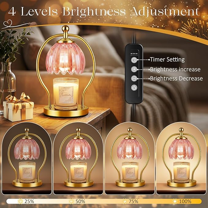 Candle Warmer Lamp, Dimmable Candle Warmer with Timer, Vintage Candles Wax Warmers for Jar Candles Christmas Birthday Gifts for Women Mom, New Home Decor for Bedroom Living Room, Gold Pink