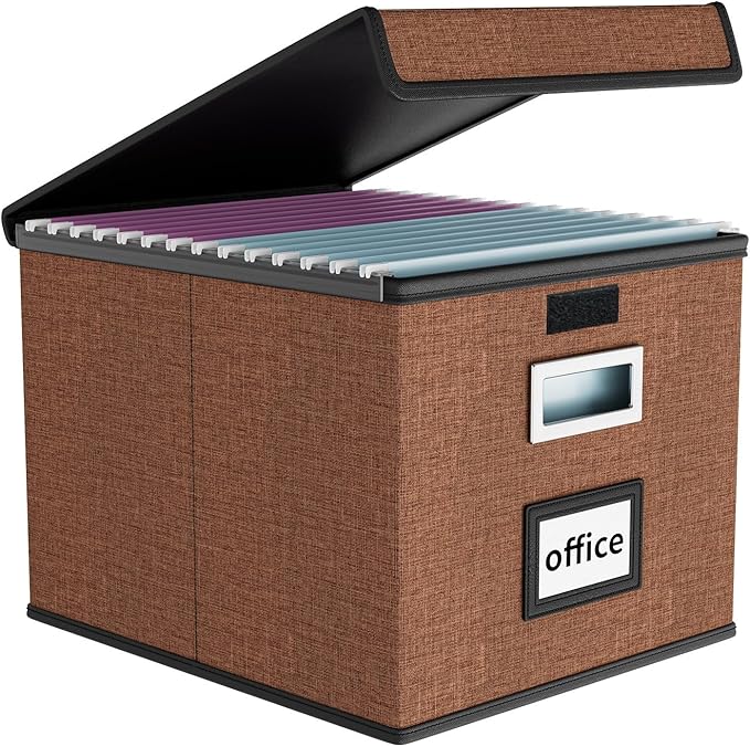 Huolewa Upgrade Portable File Organizer Box with Lid,Large Linen Hanging Office Document Storage Box with Lid,Collapsible Filing&Storage Box for Office/Decor/Home-14.9x12.7x10.8in,1pk-without folders