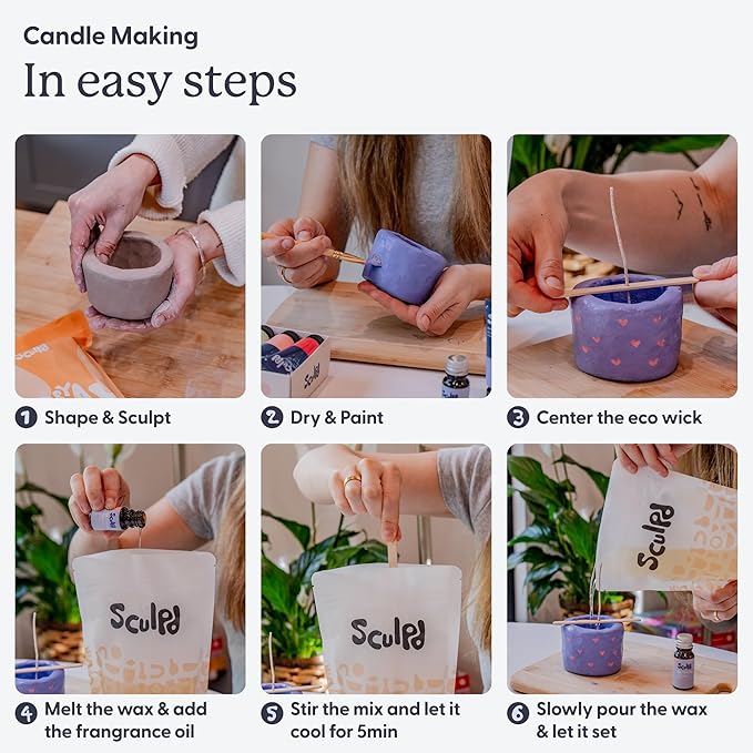 Sculpd Candle Making & Pottery Kit - Complete Art Set: Includes Air Dry Clay, Soy Wax, Fragrance & Tools - DIY Arts & Crafts Gift for Adults, Teens, Men & Women Crafting Supplies (Orange Ginger)