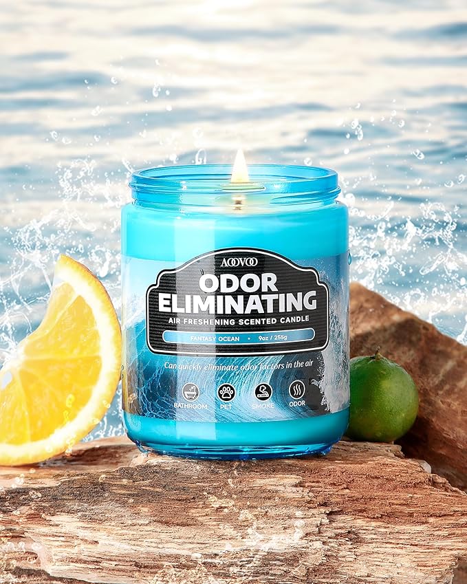 AOOVOO Fantasy Ocean Odor Eliminating Highly Fragranced Candle - Eliminates 95% of Pet, Smoke, Food, and Other Smells Quickly, Non Toxic Air Freshing Soy Candle, 9 oz Up to 50 Hours Burn time