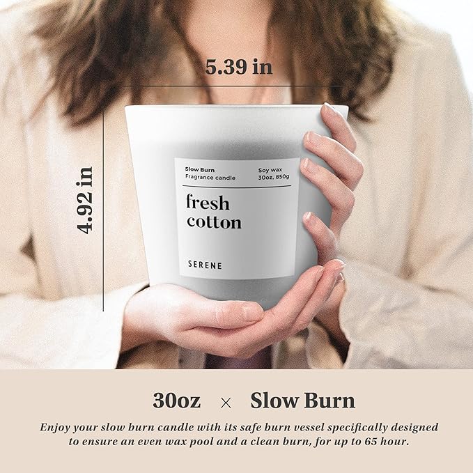 Hidden Label Fresh Cotton Scented Candle, Non Toxic 30oz Large 3-Wick Soy Wax Candle, Up to 120 Hours Long Burning, Clean Cotton Home Fragrance for Bedroom, Relaxation & Housewarming Gift