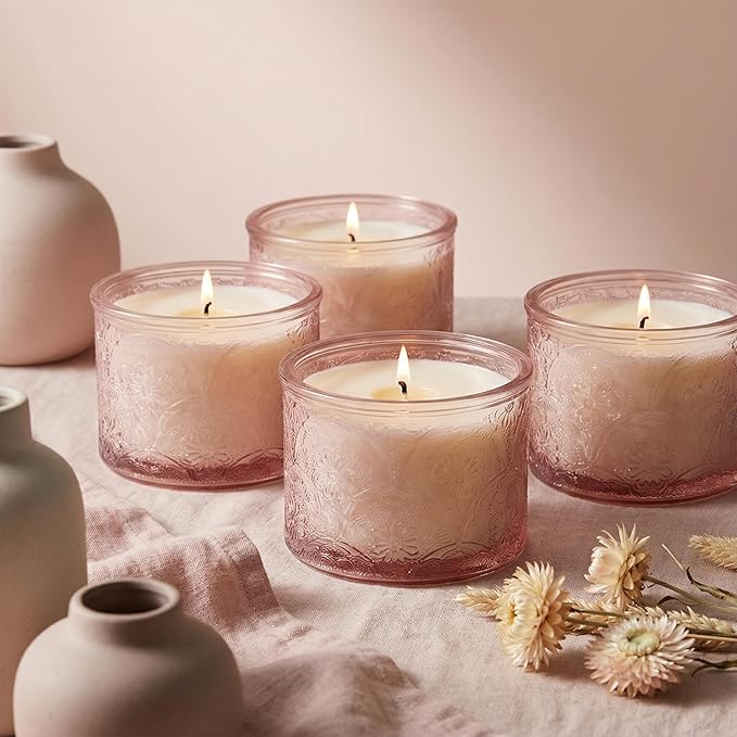 10 oz Embossed Glass Candle Container with Bamboo Lids and Labels,Pink Candle Jars for Making Candles,Mandala Design - Pack of 9