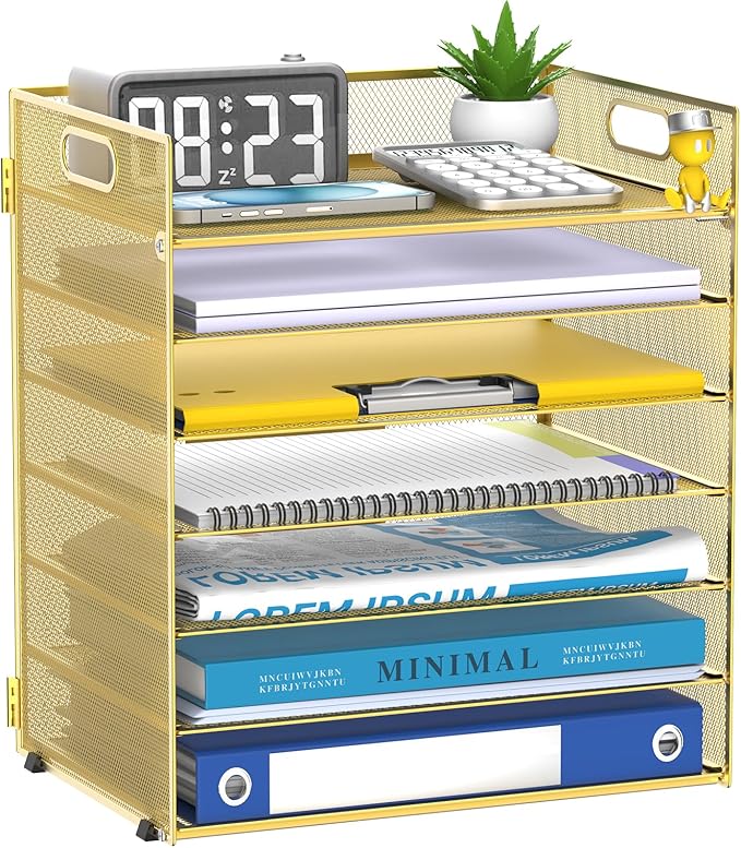 7 Tier Paper Organizer - Mesh Desktop File Holder with Handles for Office School Desk (Gold)