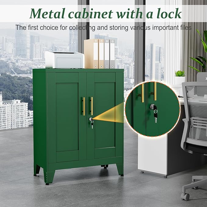 Green Metal Storage Cabinet, 36" Tall Locking Storage Cabinet with 2 Adjustable Shelves, Steel Locker Organizer, for Office, Home, School