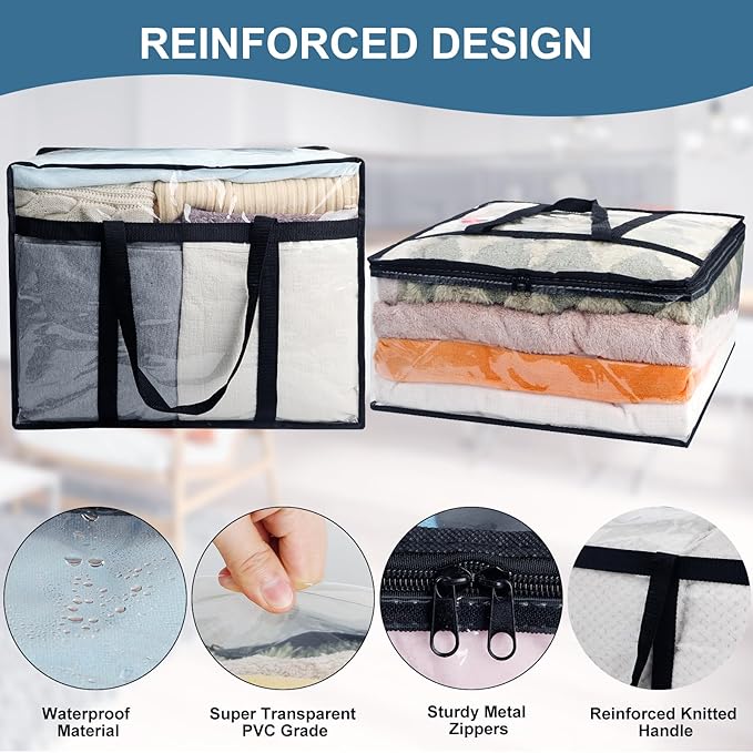 3Pack Clear Blanket Storage Bags, Vinyl Comforter Clothes Storage Closet Organizers and Storage Containers Moving Bags with Reinforced Handle for Bedding, Clothing, Comforters, Pillows, Toys,40L