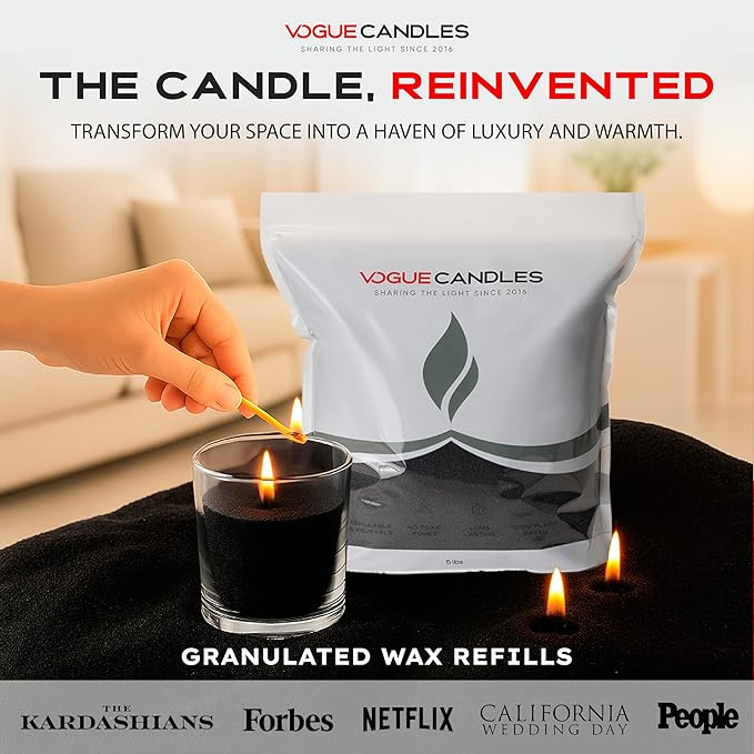Vogue Candles Black Pearled Candle Sand Wax (5 LB) – Mother’s Day Candle Kit with 50 Cotton Wicks for DIY Home Lighting – Plant-Based & Reusable Wax Granules Refill for Clean Burning & Custom Vessels