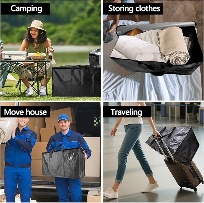 4 Pack Real 100lb Capacity Heavy Duty Moving Bags with Strong Zippers and Reinforced Handles, Extra Large Storage Totes for Packing & Moving Storing, Space Saving Alternative to Moving Boxes-95L,Black