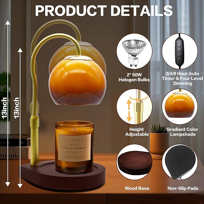 Candle Warmer Lamp with Timer 2H/4H/8H, Adjustable Height Dimmable Candle Lamp with 2 Bulbs, Wax Melt Warmer for Jar Candles, House Warming, Home Decor, Christmas Gift for Women, Mom(Sunset)