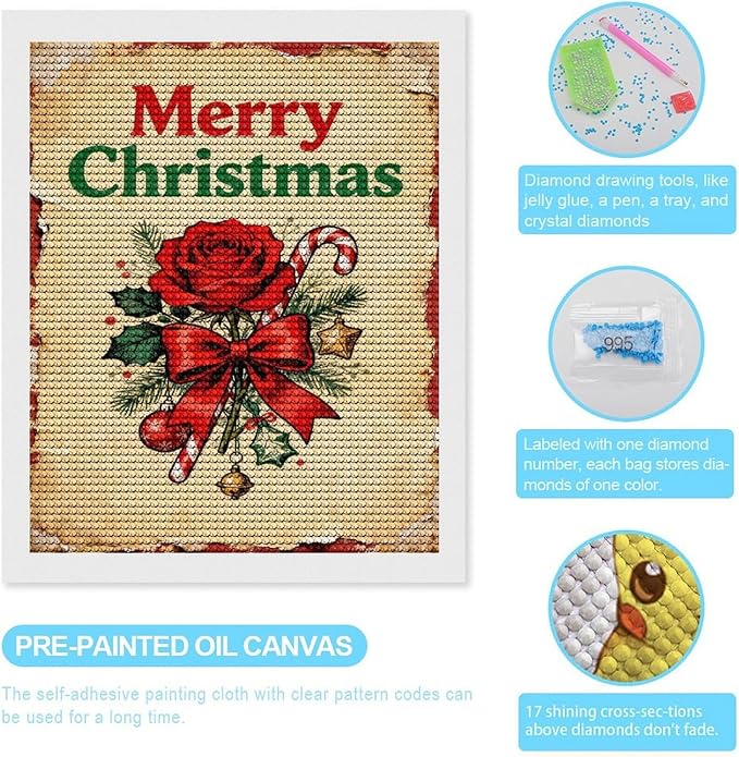 AIVKIEJK Diamond Painting Kits for Adults - Merry Christmas Santa, Holly & Vintage Painting DIY 5D Full Drill Diamond Dots Paintings with Diamonds Gem Art and Crafts Home Decor 16"x20"