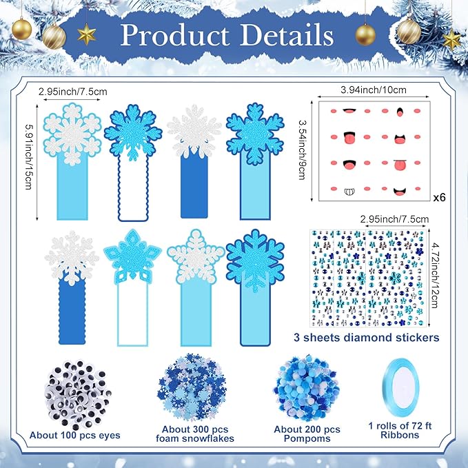 Funrous 48 Sets Winter Crafts Kit Snowflake Bookmarks Bulk DIY Make Your Own Christmas Hanging Ornaments Arts with Pompoms Diamond Stickers for Holiday Classroom Activities Wonderland Party Favors