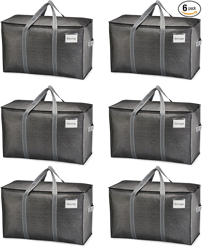 VENO 6 Pack Heavy Duty Moving Bags, Extra Large Storage Bags with Reinforced Handles & Strong Zippers, Foldable & Reusable Moving Box Alternative for Clothes & Dorm Storage
