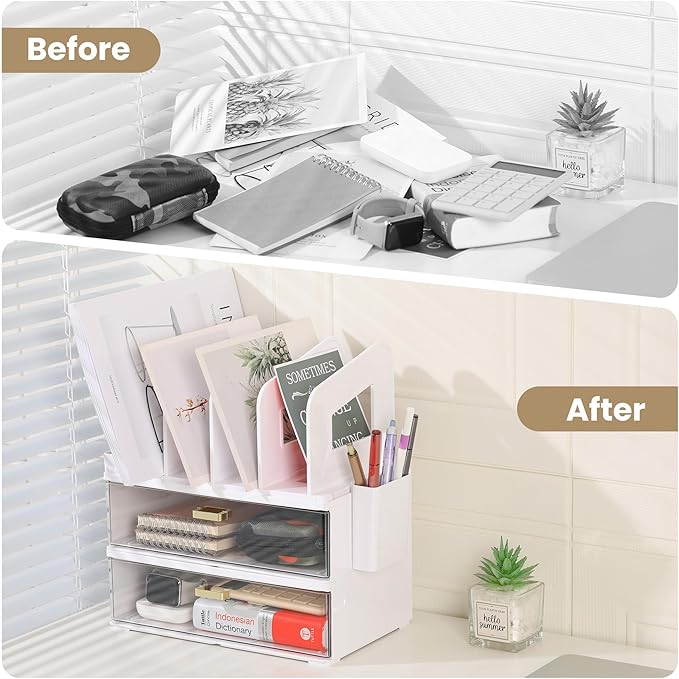 LALOBLUE White Acrylic Desk Organizer with Drawer & File Holder, Stackable Modular Storage System, Multi-Layer Desktop Organizer, Space Saving Desk Organizer for Home Office & Study
